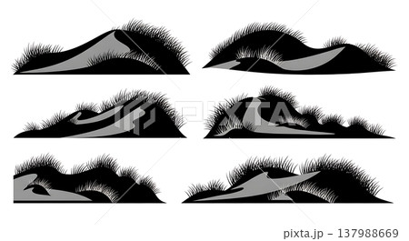 Set of Six Unique Black Solid Coastal Sand Dunes with Grass Silhouettes 137988669