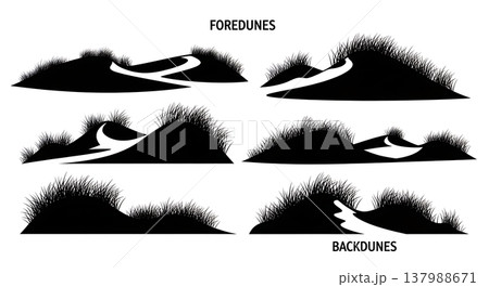 Set of Six Unique Black Solid Coastal Sand Dunes with Grass Silhouettes Set of Six Unique Black Solid Coastal Sand Dunes with Grass Silhouettes 137988671