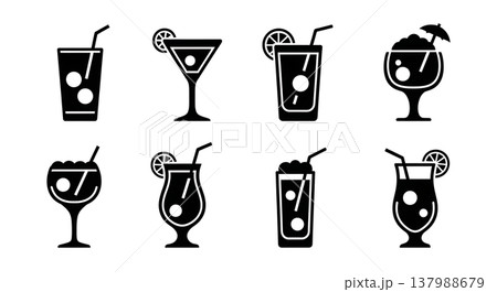 Black Solid Cocktail Glasses Silhouettes Set of Six on White Background 137988679