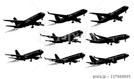 Black Solid Commercial Airplanes Silhouettes Set of Six on White Background Black Solid Commercial Airplanes Silhouettes Set of Six on White Background 137988695