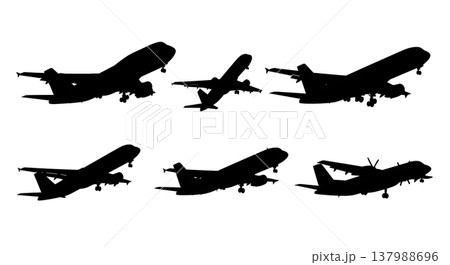 Black Solid Commercial Airplanes Silhouettes Set of Six on White Background Black Solid Commercial Airplanes Silhouettes Set of Six on White Background 137988696