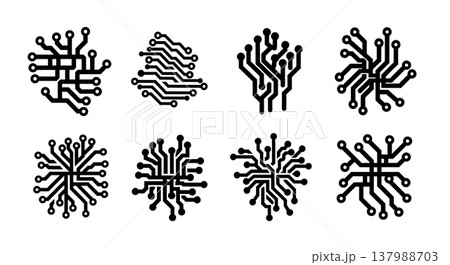 Black Solid Computer Circuit Silhouettes Set of Six on White Background 137988703