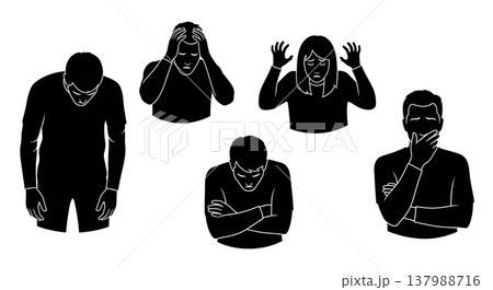 Black Solid Concerned People Silhouettes Set of Six on White Background Black Solid Concerned People Silhouettes Set of Six on White Background 137988716