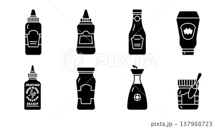 Black Solid Condiment and Sauce Silhouettes Set of Six on White Background Black Solid Condiment and Sauce Silhouettes Set of Six on White Background 137988723