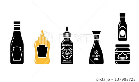 Black Solid Condiment and Sauce Silhouettes Set of Six on White Background Black Solid Condiment and Sauce Silhouettes Set of Six on White Background 137988725