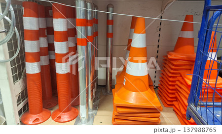 A Variety of Traffic Cones and Barriers Displayed in an Organized Retail Setup A Variety of Traffic Cones and Barriers Displayed in an Organized Retail Setup 137988765