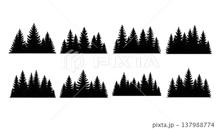 Set of Six Black Solid Coniferous Forest Landscape Silhouettes Set of Six Black Solid Coniferous Forest Landscape Silhouettes 137988774