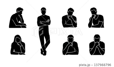 Black Solid Contemplative People Silhouettes Set of Six on White Background Black Solid Contemplative People Silhouettes Set of Six on White Background 137988796
