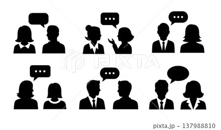 Black Solid Conversation Dialogue Silhouettes Set of Six on White Background 137988810
