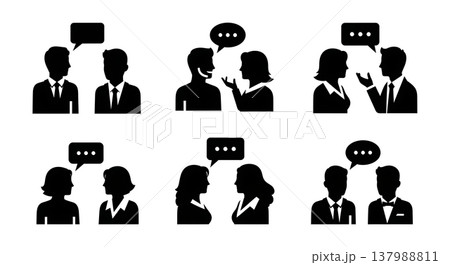 Black Solid Conversation Dialogue Silhouettes Set of Six on White Background Black Solid Conversation Dialogue Silhouettes Set of Six on White Background 137988811
