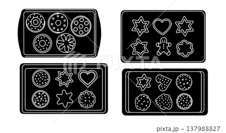 Black Solid Cookies On Baking Sheet Silhouettes Set of Six on White Background Black Solid Cookies On Baking Sheet Silhouettes Set of Six on White Background 137988827