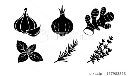 Black Solid Cooking Spices & Herbs Silhouettes Set of Six on White Background Black Solid Cooking Spices & Herbs Silhouettes Set of Six on White Background 137988838