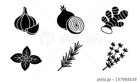 Black Solid Cooking Spices & Herbs Silhouettes Set of Six on White Background Black Solid Cooking Spices & Herbs Silhouettes Set of Six on White Background 137988839