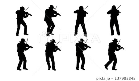 Black Solid Fiddle Player Silhouettes Set of Six on White Background 137988848