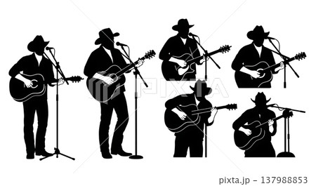 Black Solid Country Musician Silhouettes Set of Six on White Background 137988853