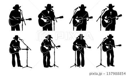 Black Solid Country Musician Silhouettes Set of Six on White Background 137988854