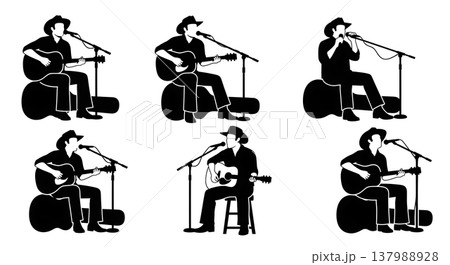 Black Solid Country Musician Poses Set of Six on White Background Black Solid Country Musician Poses Set of Six on White Background 137988928