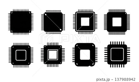 Black Solid CPU Microchip Silhouettes Set of Six on White Background 137988942