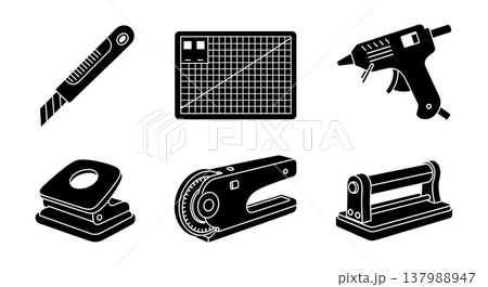 Black Solid Craft Tools Silhouettes Set of Six on White Background Black Solid Craft Tools Silhouettes Set of Six on White Background 137988947