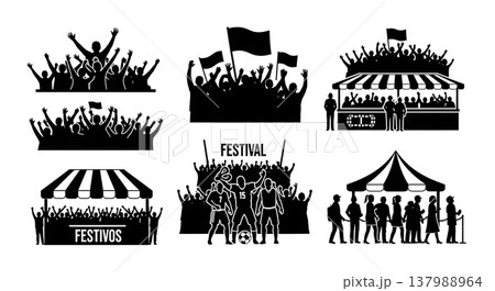 Black Solid Crowd Gathering Silhouettes Set of Six on White Background Black Solid Crowd Gathering Silhouettes Set of Six on White Background 137988964