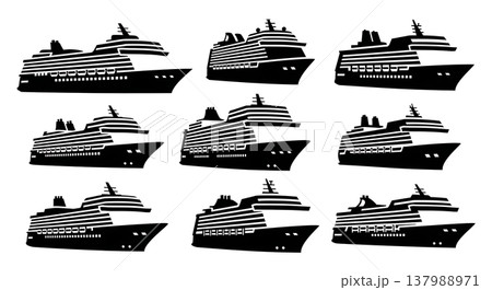 Black Solid Modern Cruise Ships and Ocean Liners Silhouettes Set of Six on White Background Black Solid Modern Cruise Ships and Ocean Liners Silhouettes Set of Six on White Background 137988971