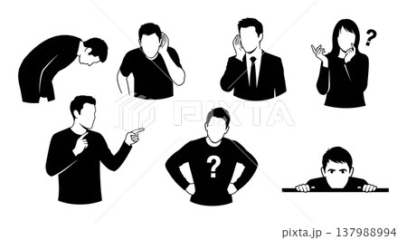 Black Solid Curious People Silhouettes Set of Six on White Background Black Solid Curious People Silhouettes Set of Six on White Background 137988994