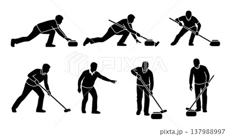 Black Solid Curling Players Silhouettes Set of Six on White Background Black Solid Curling Players Silhouettes Set of Six on White Background 137988997