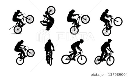 Black Solid Cycling Stunts Silhouettes Set of Six on White Background 137989004