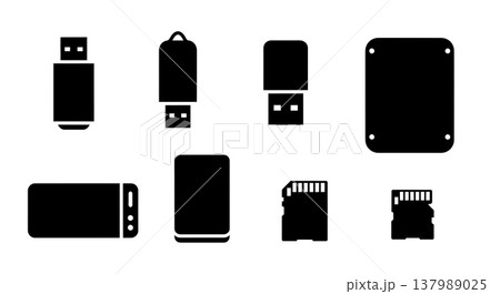 Black Solid Data Storage Silhouettes Set of Six on White Background Black Solid Data Storage Silhouettes Set of Six on White Background 137989025