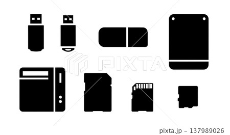 Black Solid Data Storage Silhouettes Set of Six on White Background 137989026
