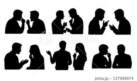 Black Solid Deep Conversation Silhouettes Set of Six on White Background Black Solid Deep Conversation Silhouettes Set of Six on White Background 137989074