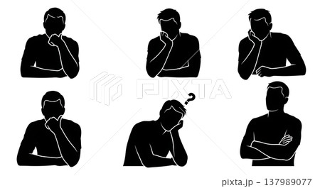 Black Solid Deep Thought Silhouettes Set of Six on White Background Black Solid Deep Thought Silhouettes Set of Six on White Background 137989077
