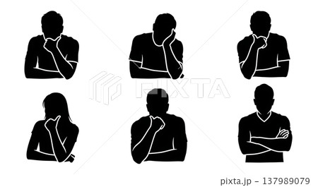 Black Solid Deep Thought Silhouettes Set of Six on White Background Black Solid Deep Thought Silhouettes Set of Six on White Background 137989079
