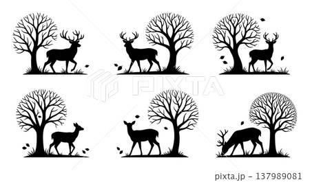 Black Solid Deer Family in Autumn Forest Silhouette Scenes Black Solid Deer Family in Autumn Forest Silhouette Scenes 137989081