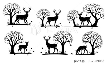 Black Solid Deer Family in Autumn Forest Silhouette Scenes Black Solid Deer Family in Autumn Forest Silhouette Scenes 137989083