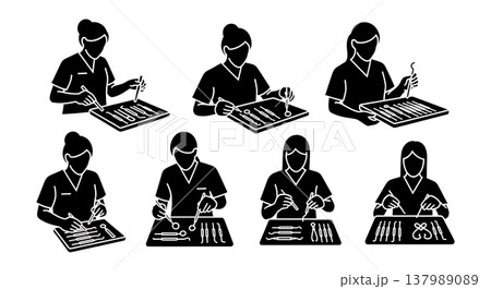 Black Solid Dental Assistant Silhouettes Set of Six on White Background Black Solid Dental Assistant Silhouettes Set of Six on White Background 137989089