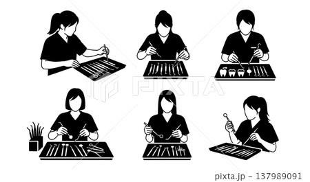 Black Solid Dental Assistant Silhouettes Set of Six on White Background 137989091