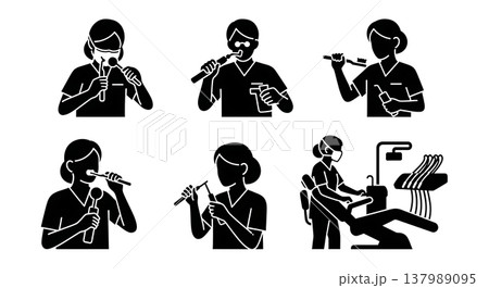 Black Solid Dental Hygienist Silhouettes Set of Six on White Background 137989095