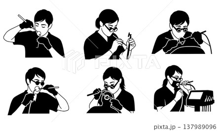 Black Solid Dental Hygienist Silhouettes Set of Six on White Background Black Solid Dental Hygienist Silhouettes Set of Six on White Background 137989096
