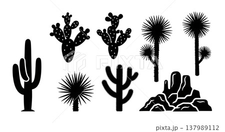 Black Solid Desert Landscape Elements Silhouettes Set of Six 137989112