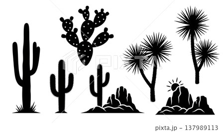 Black Solid Desert Landscape Elements Silhouettes Set of Six Black Solid Desert Landscape Elements Silhouettes Set of Six 137989113