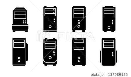 Black Solid Desktop Computer Silhouettes Set of Six on White Background 137989126