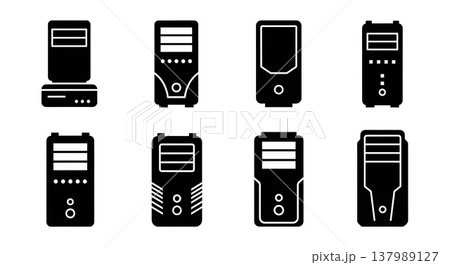 Black Solid Desktop Computer Silhouettes Set of Six on White Background 137989127