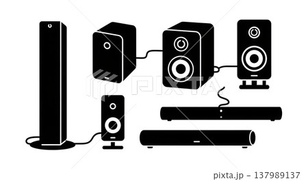 Black Solid Desktop Speaker Silhouettes Set of Six on White Background Black Solid Desktop Speaker Silhouettes Set of Six on White Background 137989137