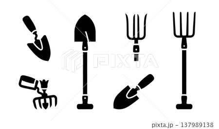 Black Solid Garden Digging Tools Silhouettes Set of Six on White Background Black Solid Garden Digging Tools Silhouettes Set of Six on White Background 137989138