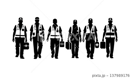 Black Solid Emergency Doctor Silhouettes Set of Six on White Background 137989176