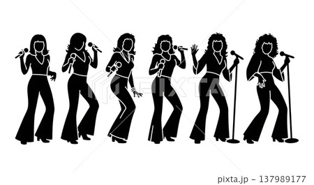 Black Solid Retro Disco Singer Silhouettes Set of Six on White Background Black Solid Retro Disco Singer Silhouettes Set of Six on White Background 137989177