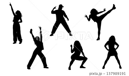 Black Solid Disco Woman Silhouettes Set of Six on White Background 137989191