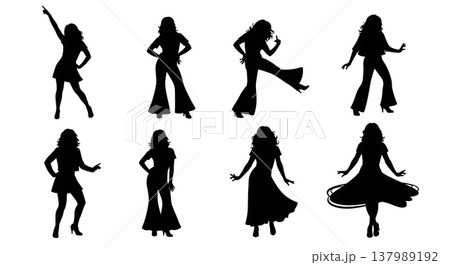 Black Solid Disco Woman Silhouettes Set of Six on White Background Black Solid Disco Woman Silhouettes Set of Six on White Background 137989192