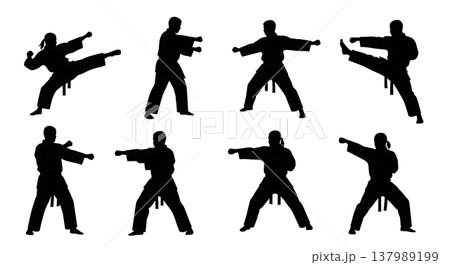 Black Solid Discus Throw Silhouettes Set of Six on White Background 137989199